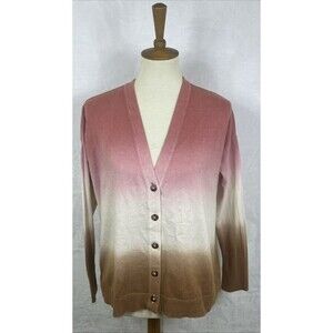 J. Jill Dip Dyed Ombre Cardigan Sweater Sunset Pink Cream Brown Size Small